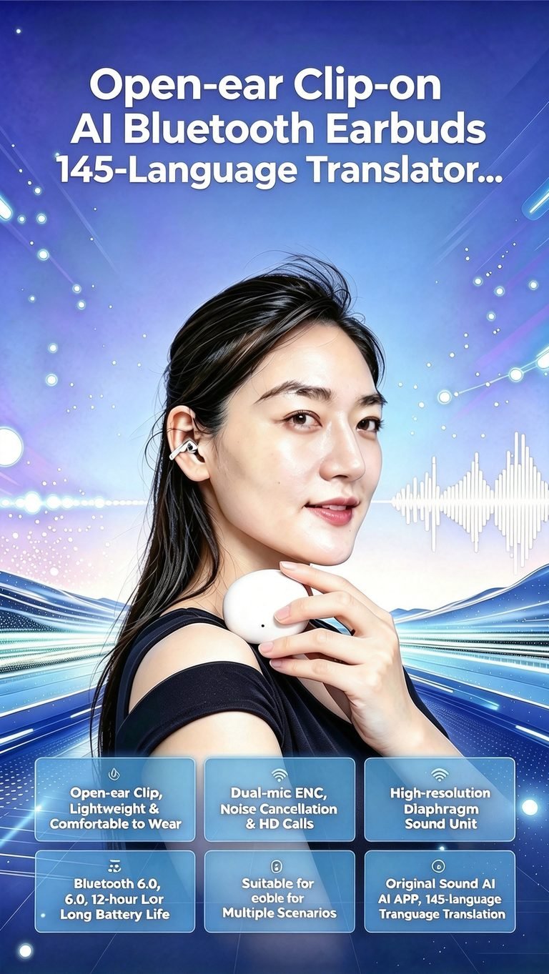Open-ear clip AI translation earbuds product shot